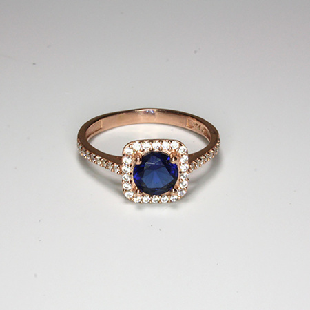 Srebrny pierścionek z szafirem, pozłacany różowym złotem