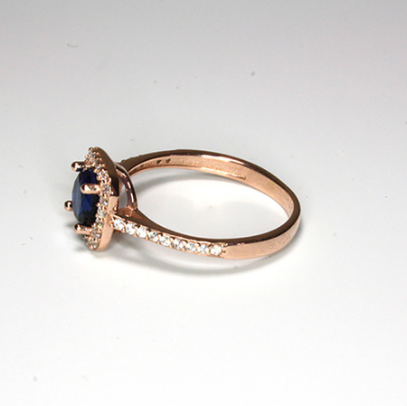 Srebrny pierścionek z szafirem, pozłacany różowym złotem